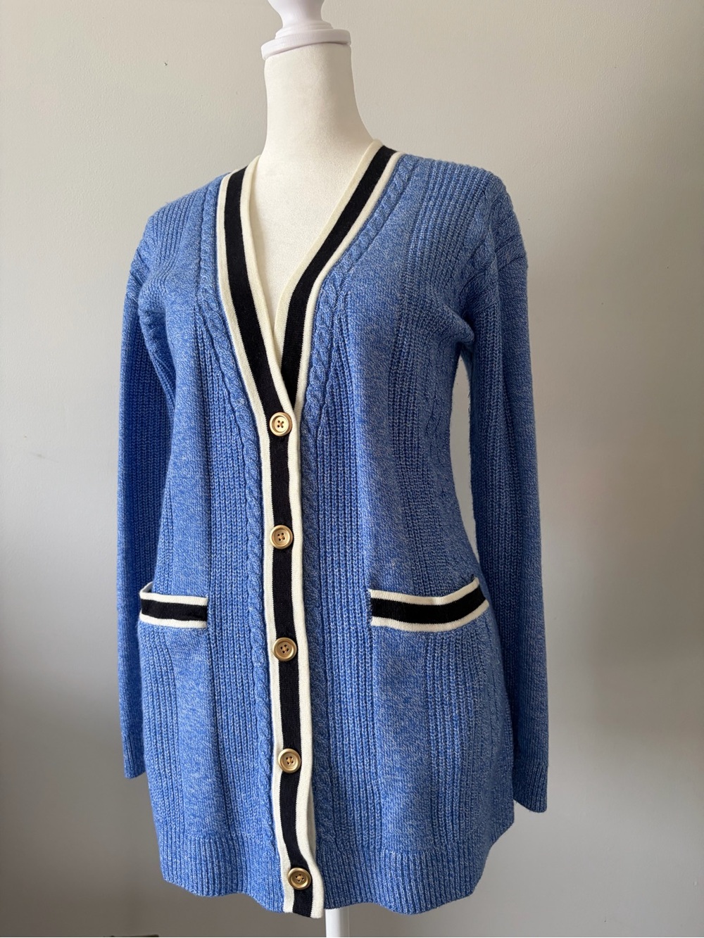 Talbots Light Blue V-Neck Button Cardigan with Black & Ivory Trim - Picture 2 of 7